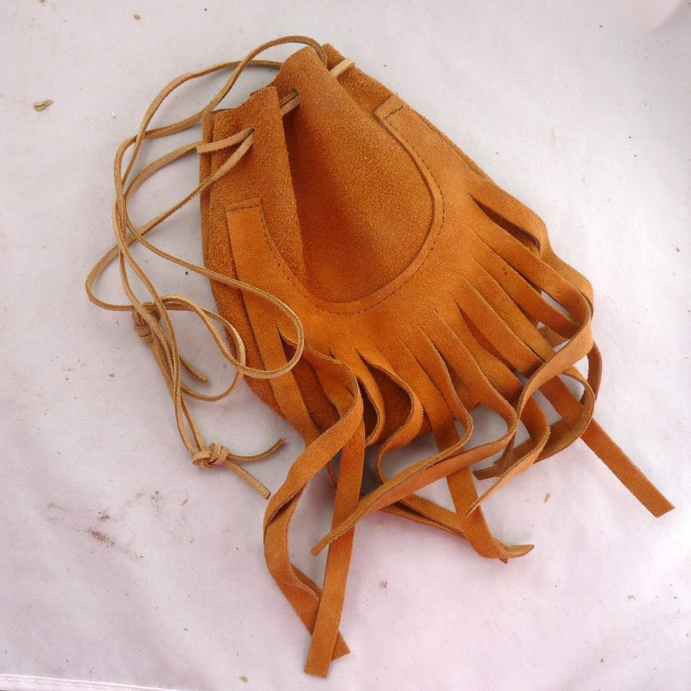 Leather drawstring bag pouch fringe western toy hunting shot patch marple child